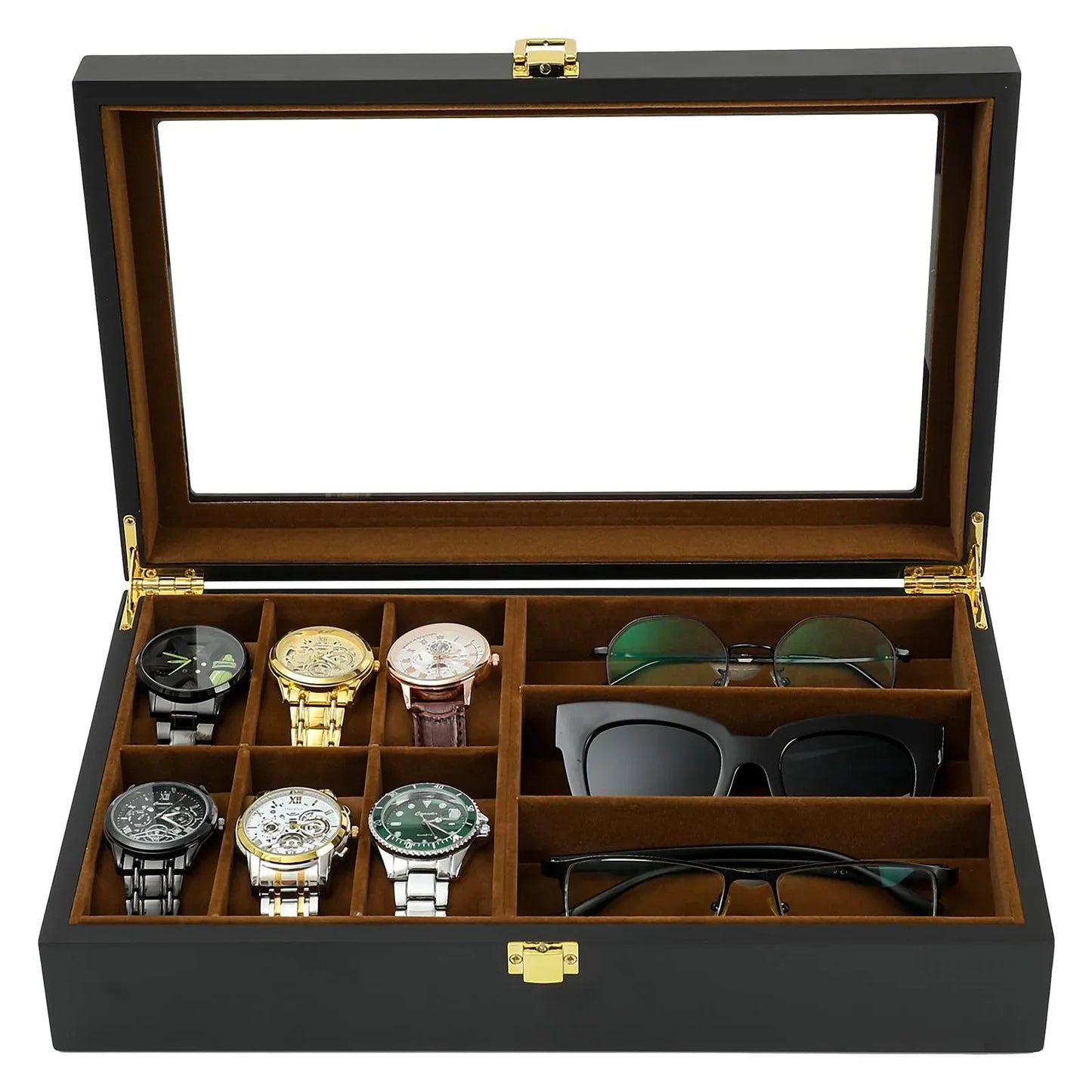 TimeGuard Deluxe: Caja Organizadora de Relojes y Gafas de Sol con Tapa de Vidrio