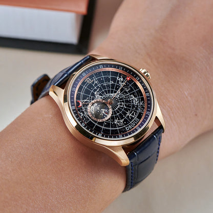 OBLVLO Constellation Stellar, Gold and Silver Watch With Leather Strap